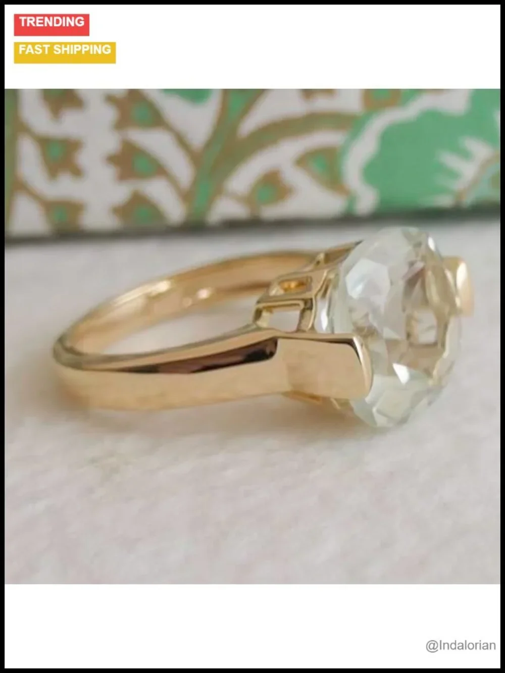 Green Amethyst Cushion Cut Statement Ring 12mm 925 Sterling Silver Gold Plated